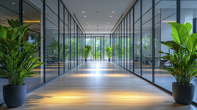 Bright modern office hallway with glass walls and lush greenery, creating serene atmosphere