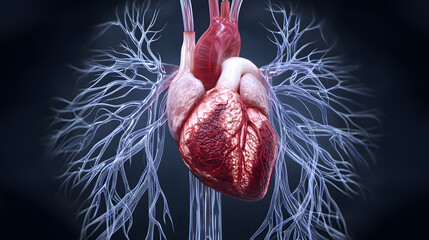 A detailed medical illustration of the human heart and arteries showing anatomical structure, blood flow pathways, and cardiovascular system in a scientific and educational context.
