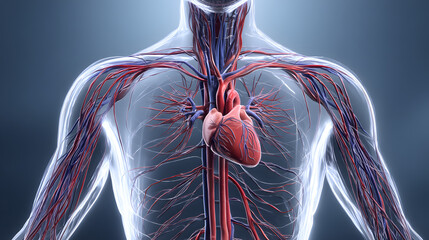 A detailed medical illustration of the human heart and arteries showing anatomical structure, blood flow pathways, and cardiovascular system in a scientific and educational context.
