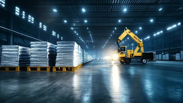 Industrial warehouse filled with beryllium ingots stacked on pallets, robotic arms nearby indicating automated material handling.