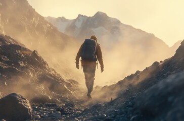 Realistic cinematic shot of a lone traveler walking on a rugged mountain trail