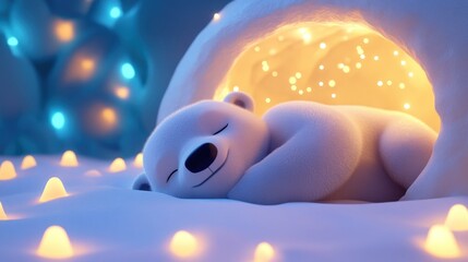 Cute polar bear sleeping in a snowy igloo at night