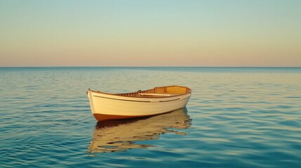 Naklejka premium Minimalist scene of an open boat under sunset sky, calm waters and soft glowing horizon