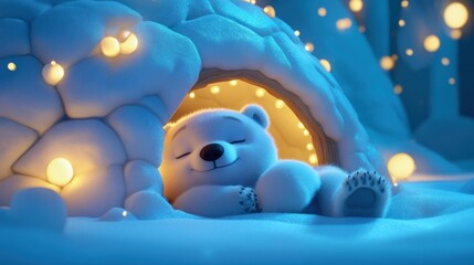 Cute polar bear nestled in a snowy igloo at night, glowing with warm light