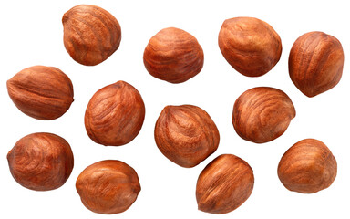 Hazelnut isolated png. Peeled hazelnut top view on transparent background. Forest filbert nut no background. Hazelnut transparent png flat lay composition. Full depth of field.