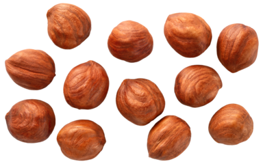 Hazelnut isolated png. Peeled hazelnut top view on transparent background. Forest filbert nut no background. Hazelnut transparent png flat lay composition. Full depth of field.