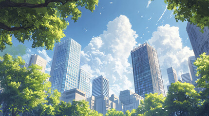 Fototapeta premium bright sunny cityscape with high rise glass buildings and lush green trees