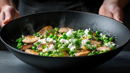 Hearty, flavorful chicken and pea stir-fry, served in a wok