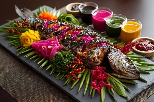 Filipino rellenong bangus, stuffed milkfish, plated with vibrant vegetables and traditional sauces, beautifully presented on a traditional Filipino platter.  