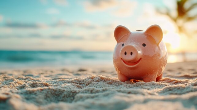 A cheerful piggy bank rests on the sandy beach as the sun sets, symbolizing savings and financial dreams amidst a serene coastal backdrop, evoking warmth and joy.