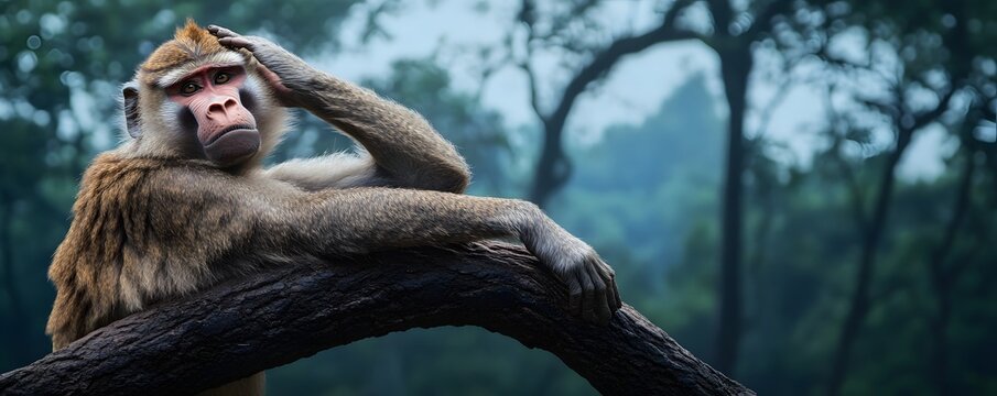 Monkey rests on a branch in a contemplative pose