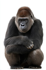 Fototapeta premium Red Book Mountain Gorilla - sitting, arms resting on knees, looking into camera, isolated on white background 