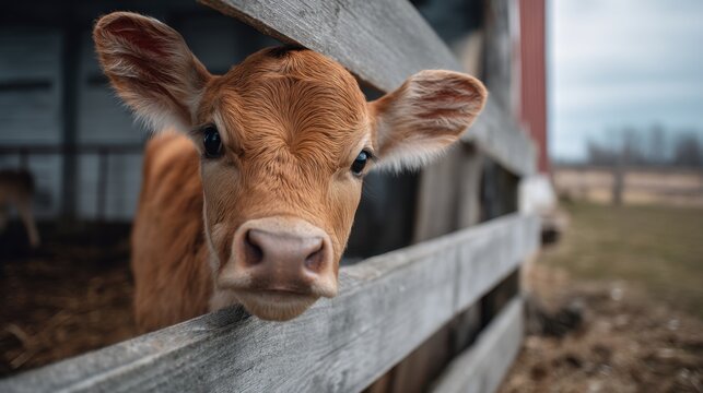 Curious Calf Peeking Through Fence on Farm