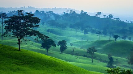 Serene Rolling Hills Landscape Green Meadow Scenery