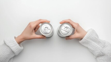 Top-down view of two hands clinking white aluminum beer cans, fingers touching, on a white background.