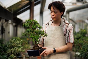 Asian florist in apron holding potted bonsai tree in greenhouse