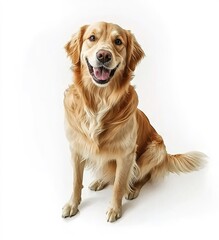 Golden retriever with teal collar and bone tag on white background.