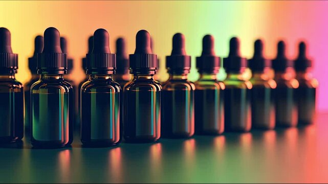 Row of amber dropper bottles, vibrant gradient background