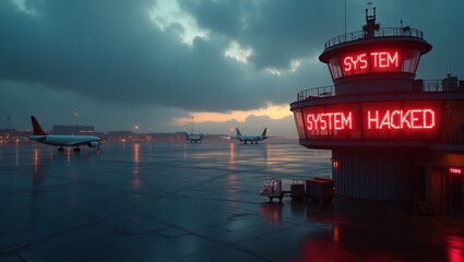A dramatic airport scene with a control tower flashing 'SYSTEM HACKED' against a moody sky, hinting at a security breach.