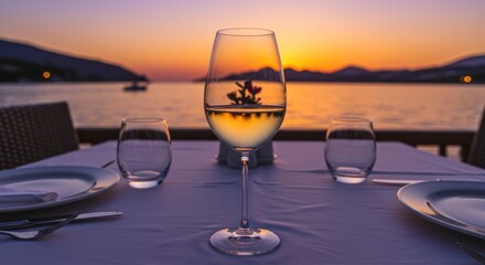 Obraz premium Wine glass and table setting with a sunset over water in the background.