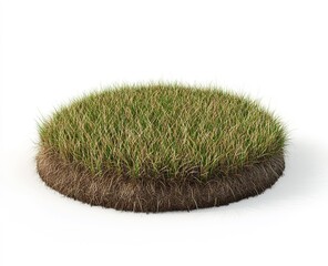 Circular patch of green grass with soil isolated on a white background.