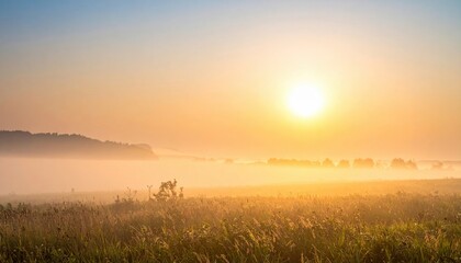 Obraz premium Sunrise over misty fields rural landscape nature photography early morning light tranquil atmosphere serenity and beauty