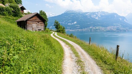 Fototapeta premium A serene landscape featuring a farmhouse by a tranquil lake, framed by an old wooden house.