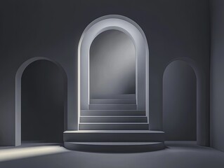 Architectural grey interior with steps and arches.