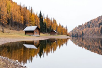 Serene landscape featuring a farmhouse by a reflective lake, showcasing tranquility and natural beauty.
