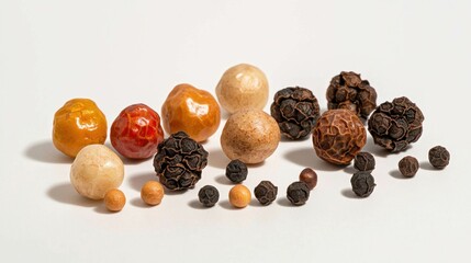 Obraz premium Peppercorns arranged randomly on clean white surface, highlighting rough textures