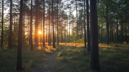 Fototapeta premium Golden sunset rays illuminate serene pine forest path peaceful nature scene tranquil woods landscape