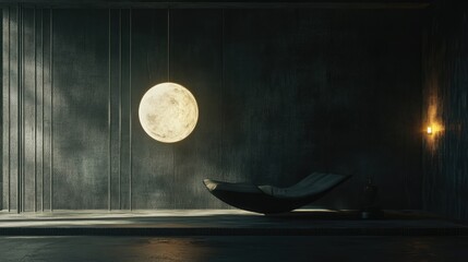Modern interior design with a large moon sculpture.