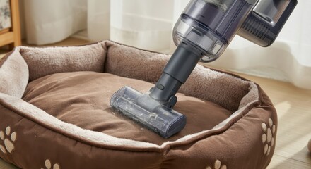 Vacuuming pet hair from dog bed with handheld cordless vacuum cleaner