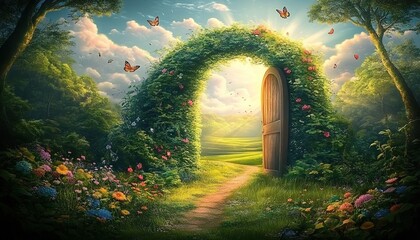 Fototapeta premium A fantasy forest with a wooden arched door covered in vines, flowers, butterflies, and a cloudy sky.