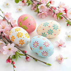 Fototapeta premium Beautiful Easter Eggs with Spring Blossoms: Holiday Decoration Image
