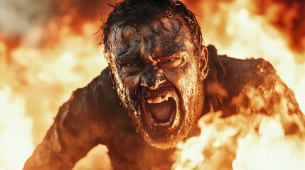 A man covered in dirt and grime screams fiercely amidst a backdrop of flames, embodying raw emotion and the chaos of battle, showcasing a moment of pure intensity and passion.