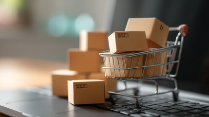 Online shopping cart with small cardboard boxes on laptop keyboard ecommerce delivery packages retail