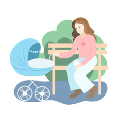 Mother with blue baby stroller in the park. Summer season