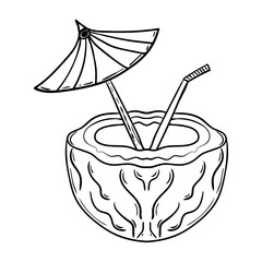 Doodle cartoon coconut with umbrella in vintage style