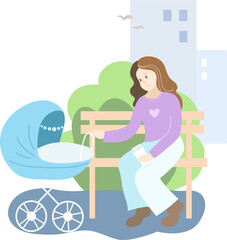 Mother with blue baby stroller in the park. Spring season