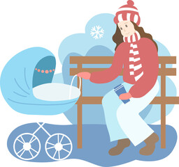 Mum with a blue baby stroller in the park. Winter season
