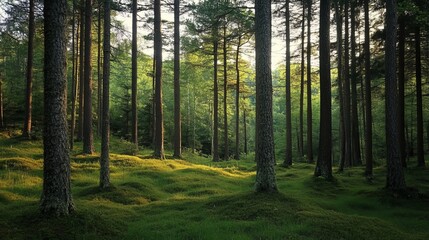 Obraz premium Serene green forest landscape with tall trees and lush moss calm park view dark woods image rural
