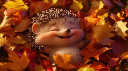 Adorable hedgehog nestled amidst vibrant autumn leaves.  A joyful, cartoon-style hedgehog basks in a bed of colorful autumn leaves. Soft fur, 