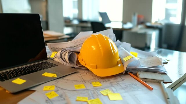 Yellow hard hat rests atop a pile of project blueprints on a cluttered desk. Lined with post-it notes and a laptop, the image conveys a busy construction estimator mid-task.