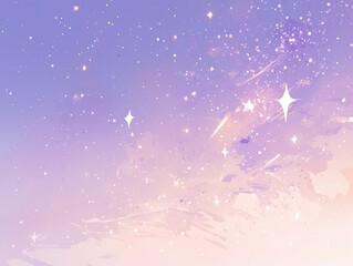 Dreamy pastel sky background blending purple and pink tones with sparkling stars, shooting stars, and soft cloud textures, creating a magical atmosphere. 