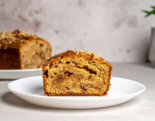 Fototapeta premium Close-up of a golden-brown coffee cake slice with a filled center and nut topping on a white plate, set against a neutral, softly blurred background.