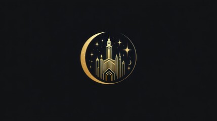 Naklejka premium Golden castle silhouette inside crescent moon with stars on dark background.