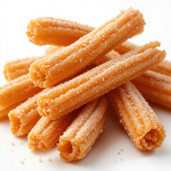 Crunchy churros coated with sugar granules stacked together, offering sweet and delightful treat