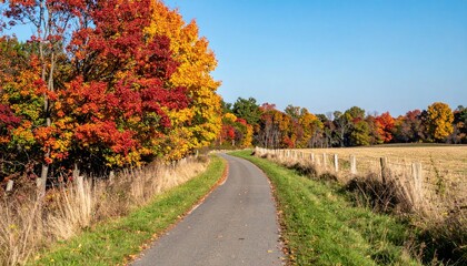 Naklejka premium Autumn scenic walk country road nature photography rural landscape eye-level view seasonal beauty