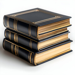 Stack of three antique leather bound books with golden pages on white background